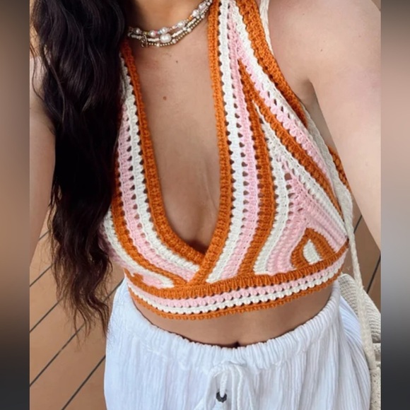 fore Tops - 🟢Nwot Groovy Vibes Cream Multi Knit Halter Cropped Sweater Tank